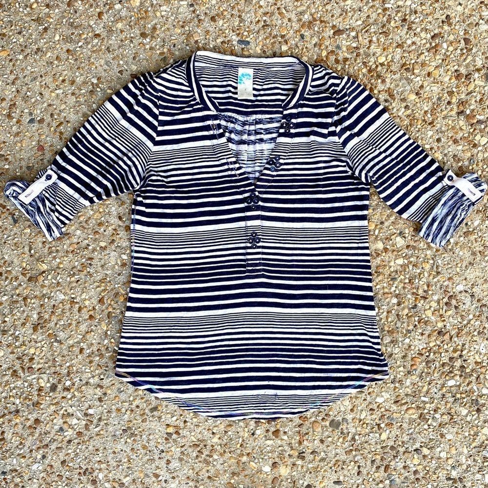 Anthropologie Striped Contrasting Stitching Roll Tab Blouse Size S